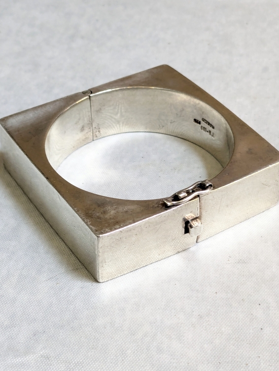 Taxco Jewelry - Sterling Silver Square Hinged Bangle Bracelet  Taxco 7" Modernist Hollow